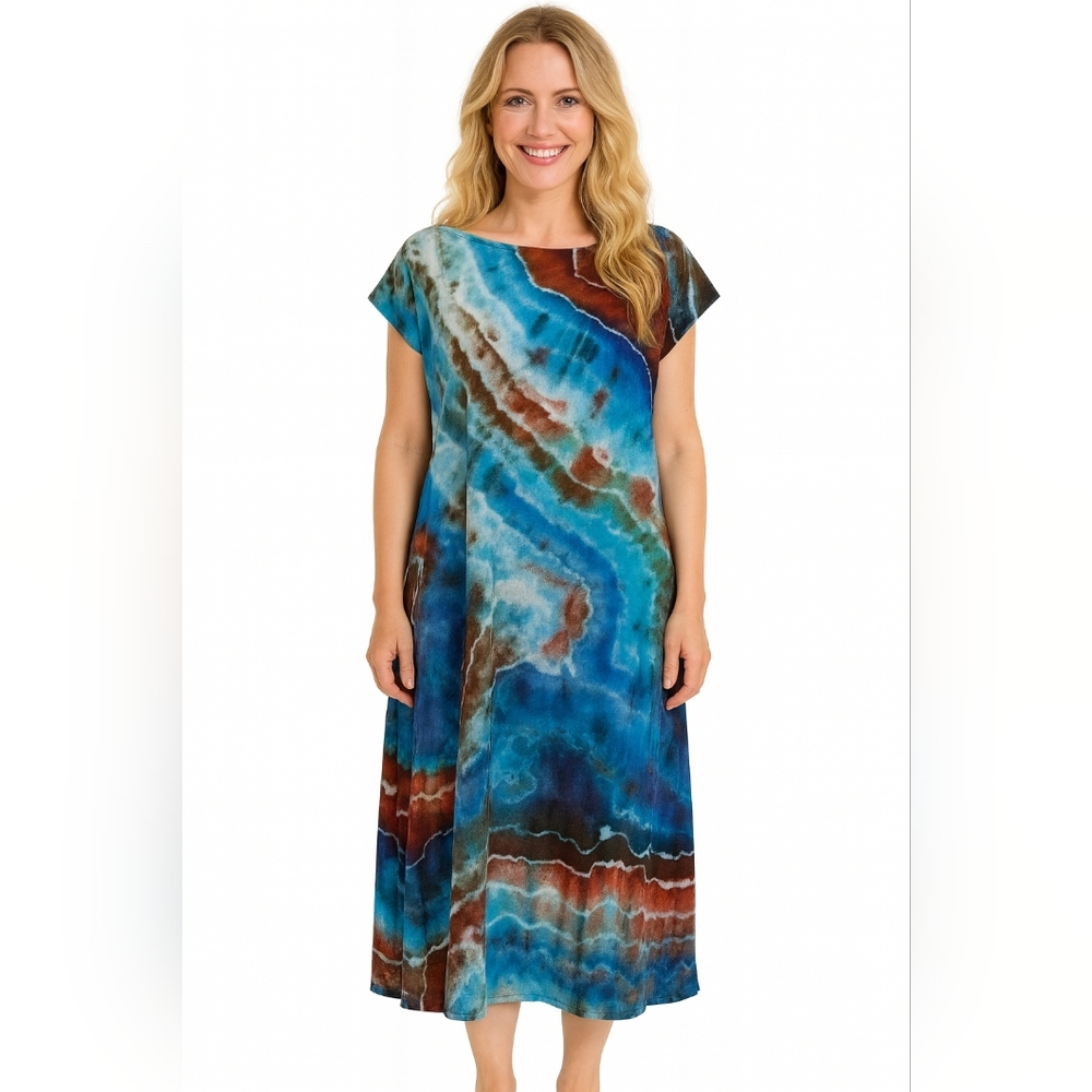 Large Blue and Brown Geode Style Rayon Tie Dye Dress